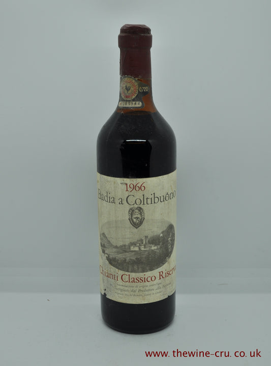 A bottle of 1966 vintage red wine. Badia A Coltibuono Chianti Classico. Italy. The bottle is in good condition with the wine level being  top shoulder. immediate delivery. free local delivery. Gift wrapping available.