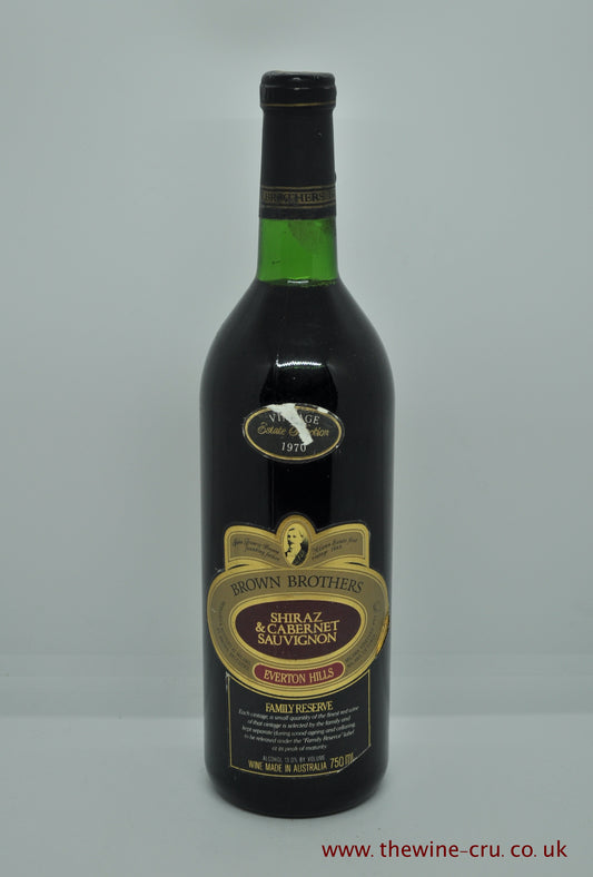 A bottle od 1970 vintage red wine from Brown Brothers Australia. Shiraz Cabernet Everton Hills Family Reserve. The bottle is in good condition with the wine level at the base of the neck. Immediate deliver. free local delivery. Gift wrapping available.