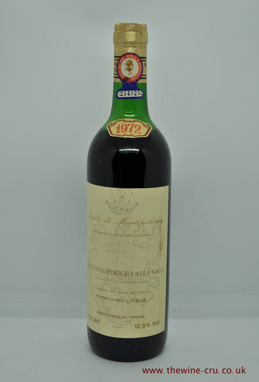 1972 vintage red wine. Nail de Montepulciano Poggio Alla Sala. Italy. The capsule is ok, the label complete but faint. The wine level is top shoulder. Immediate delivery. Free local  delivery. Gift wrapping available.