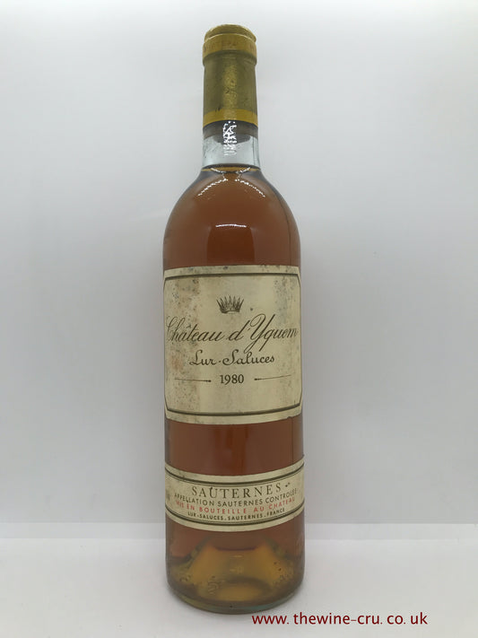 1980 vintage sweet white wine. Chateau d'Yquem 1980. Wine level base of neck. Immediate delivery. Free local delivery. Gift wrapping available.