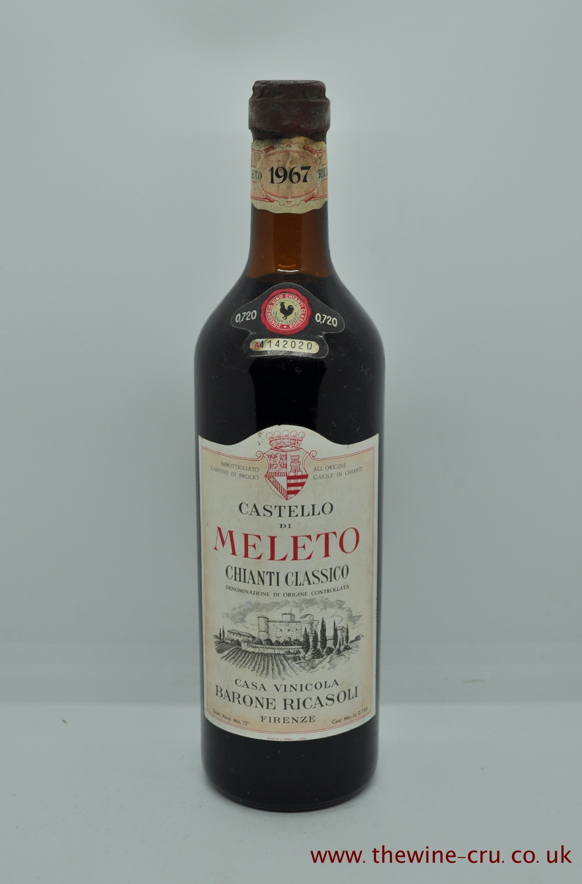 A bottle of 1967 vintage red wine. Castello Di Meleto, Chianti Classico, Barone Ricasoli. Italy. The bottle is in good condition with the wine level being top shoulder. Immediate delivery. Free local delivery. Gift wrapping available.