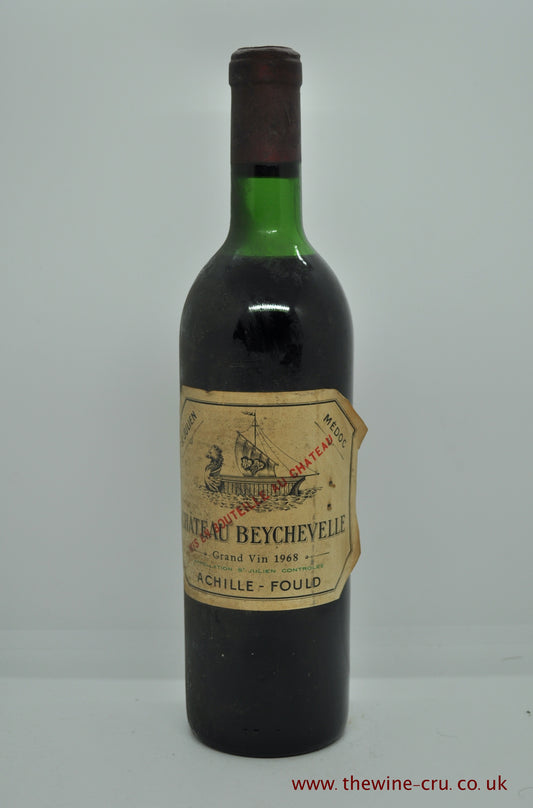 1968 vintage red wine. Chateau Beychevelle 1968, France, Bordeaux. The capsule is good, the label is complete, but peeling and the wine level is top shoulder. Immediate delivery. Free local delivery. Gift wrapping.