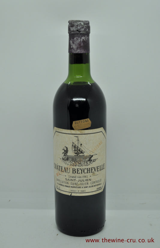 1981 vintage red wine. Chateau Beychevelle 1981, france, Bordeaux. The capsule is faded and corroded, label complete and the wine level is top shoulder. Immediate delivery . Free local delivery. Gift wrapping available.