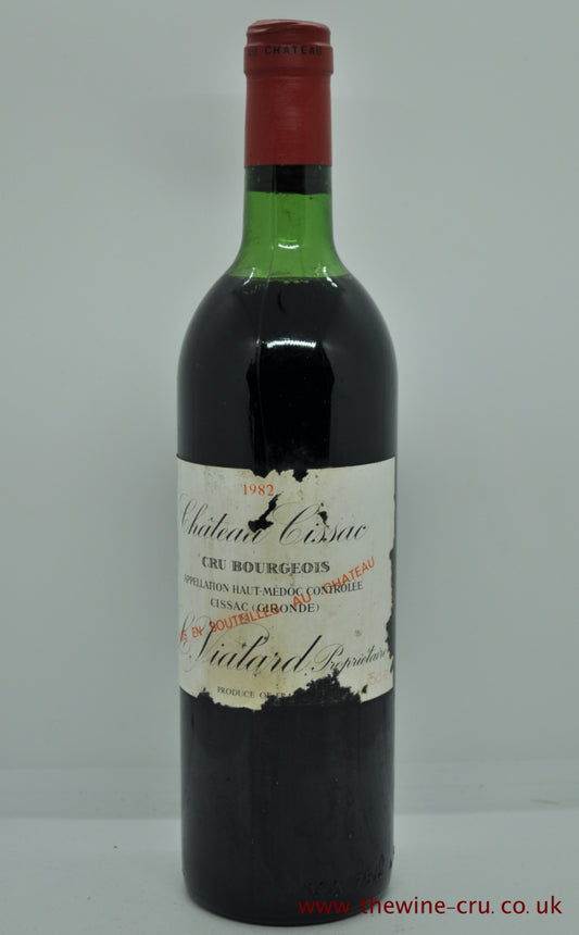 1982 vintage red wine. Chateau Cissac, Bordeaux, France. The label is bin soiled and the wine level is top shoulder. Immediate delivery. Free local delivery. Gift wrapping available.