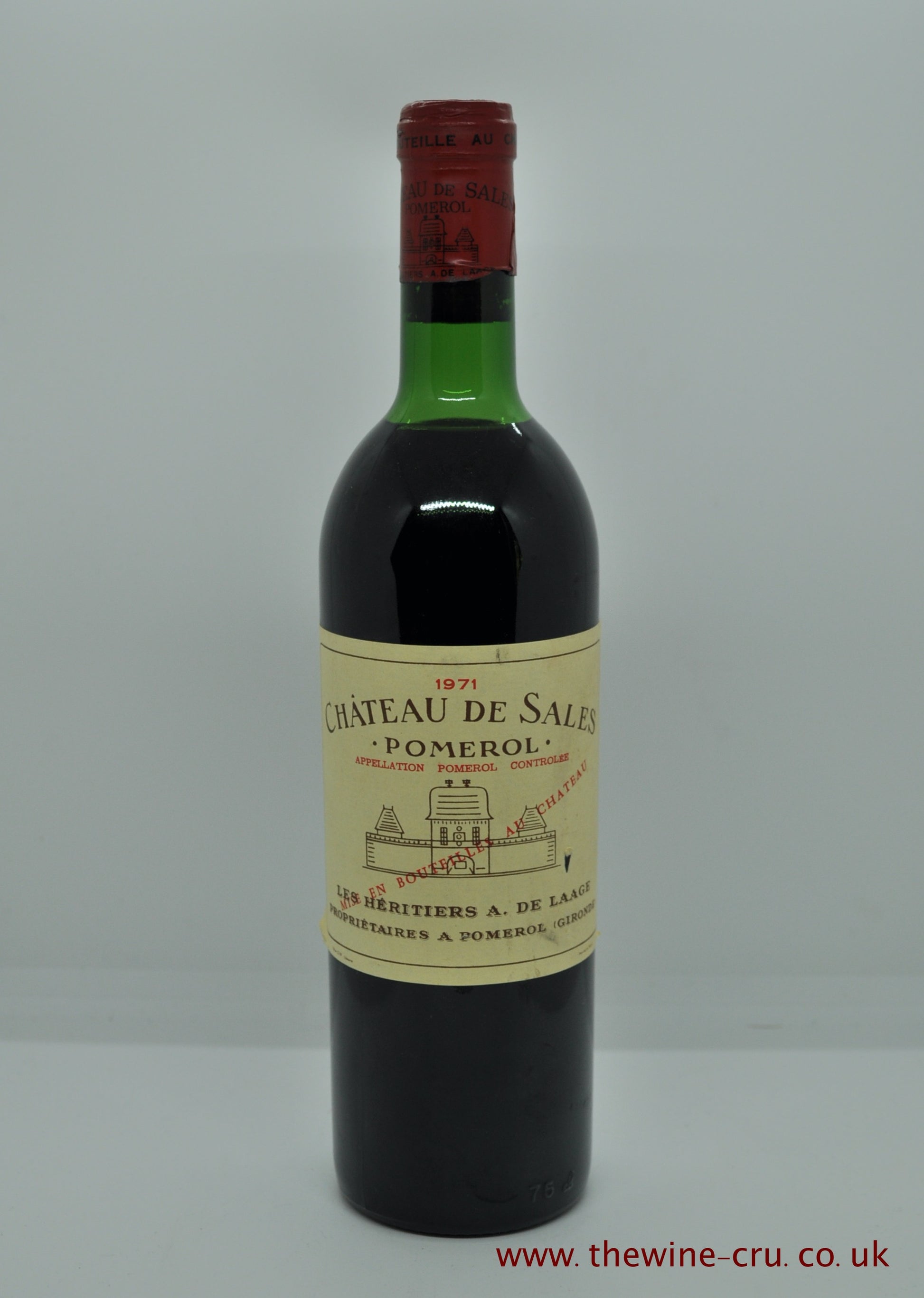 A  bottle of 1971 vintage red wine. Chateau De Sales 1971. France Bordeaux. The capsule and label are good with the wine level top shoulder. Immediate delivery. Free local delivery. Gift wrapping available.