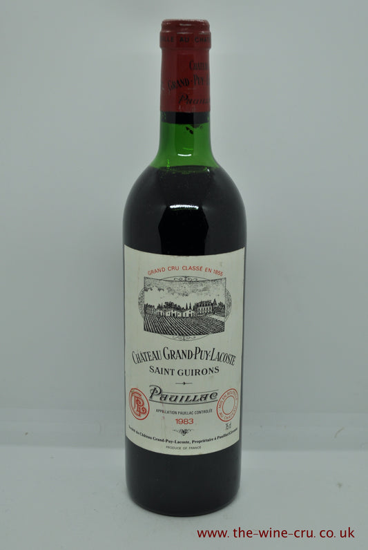 1983 vintage red wine. Chateau Grand Puy Lacoste 1983. The bottle is in good condition with the wine level being top shoulder. Immediate delivery. free local delivery. Gift wrapping available.