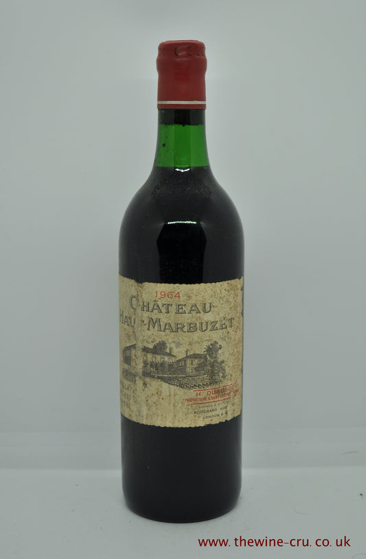 1964 vintage red wine. Chateau Haut Marbuzet 1964. France, Bordeaux. The bottle is in good condition. The label is a little bin soiled and the level is base of neck. Immediate delivery. free local delivery. Gift wrapping available.