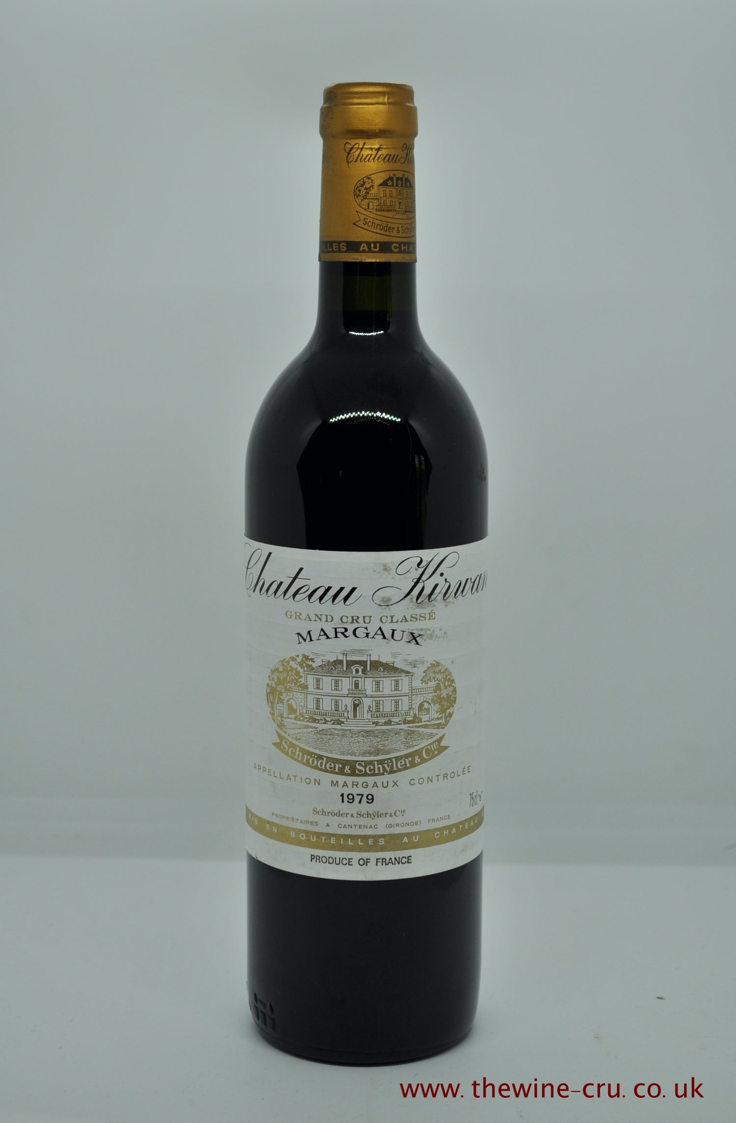 A bottle of 1979 vintage red wine from Chateau Kirwan in Margaux, France. The bottle is in good condition with wine level into neck. Immediate delivery. Free local delivery. Gift wrapping available.