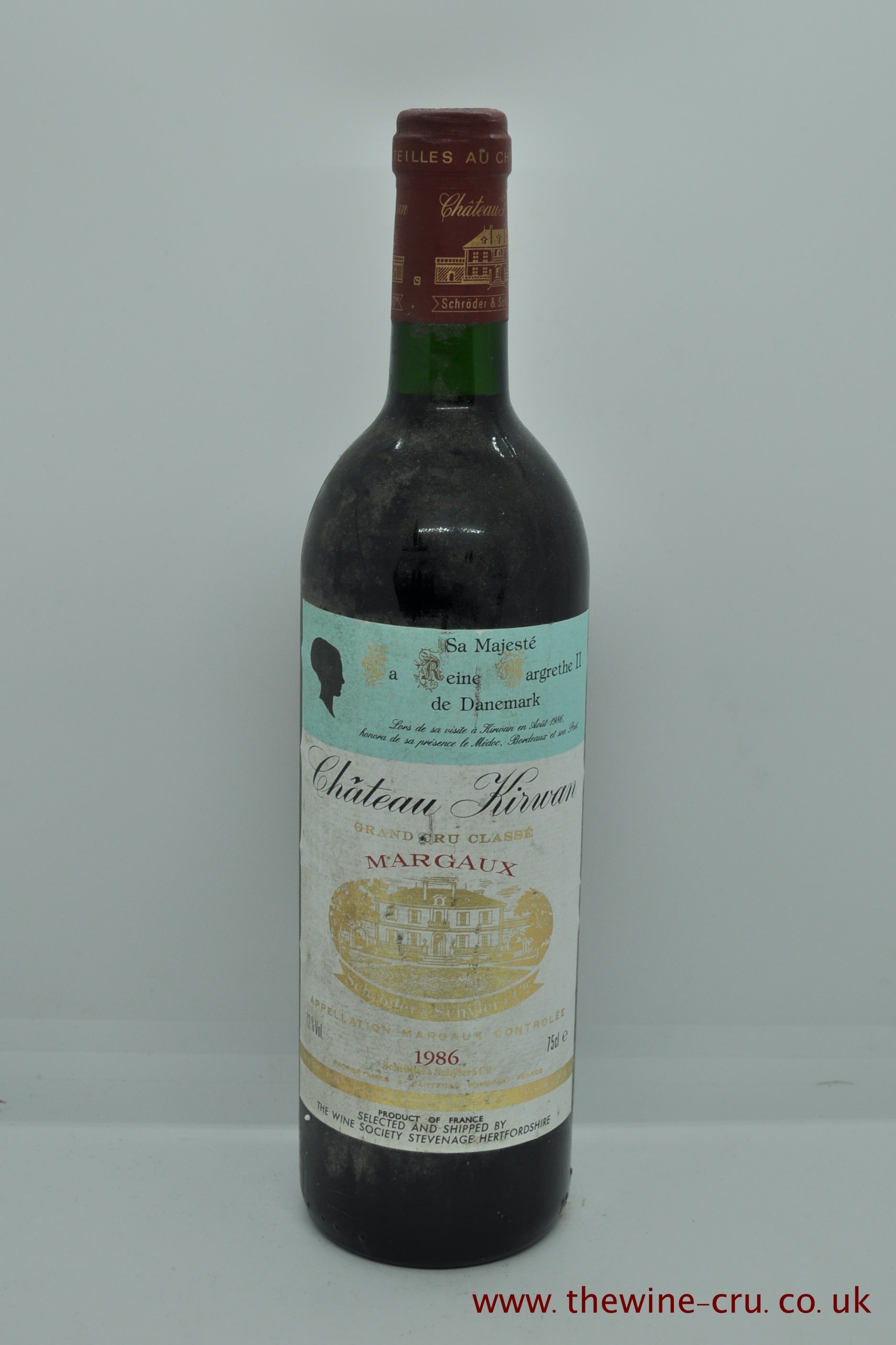 A bottle of 1986 vintage red wine. Chateau Kirwan 1986. France, Bordeaux. The bottle is in good condition with the wine level being base of neck. Immediate delivery. Free local delivery. Gift wrapping available.