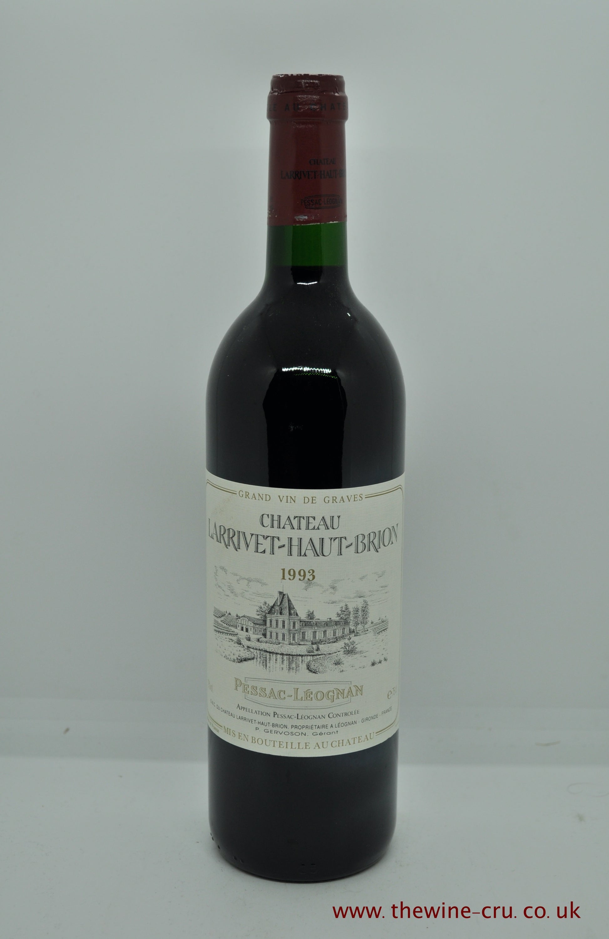 a bottle of 1993 vintage red wine. Chateau Larrivet Haut Brion 1993, France, Bordeaux. The bottle is in good condition with the wine level being in neck. Immediate delivery. Free local delivery. Gift wrapping available.