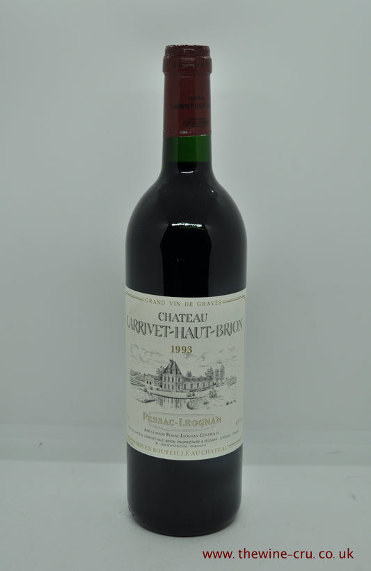a bottle of 1993 vintage red wine. Chateau Larrivet Haut Brion 1993, France, Bordeaux. The bottle is in good condition with the wine level being in neck. Immediate delivery. Free local delivery. Gift wrapping available.