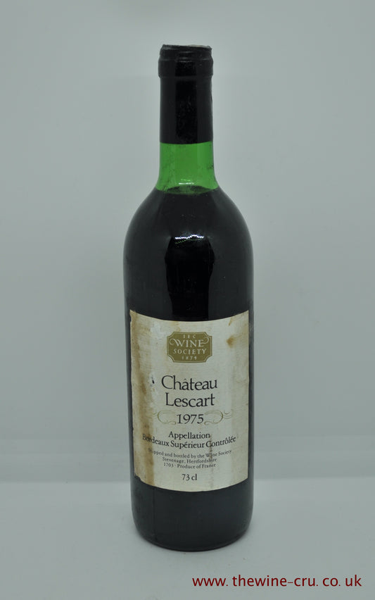 1975 vintage red wine. Chateau Lescart. A Wine Society bottling. France Bordeaux. The bottle is in good condition with the label being very top shoulder. Immediate delivery. Free local delivery. Gift wrapping available.