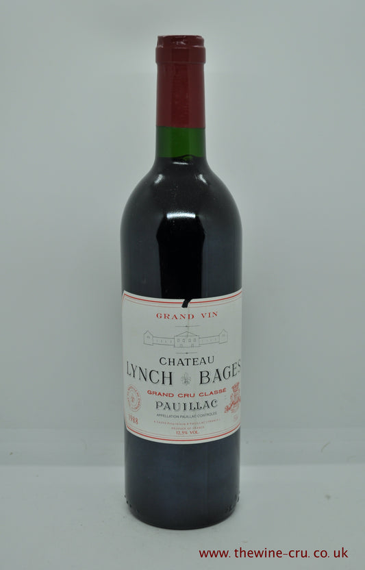 1988 vintage red wine. Chateau Lynch Bages 1988, Bordeaux France. The bottle is in good condition with the wine level being base of neck. Immediate delivery. Free local delivery. Gift wrapping available.