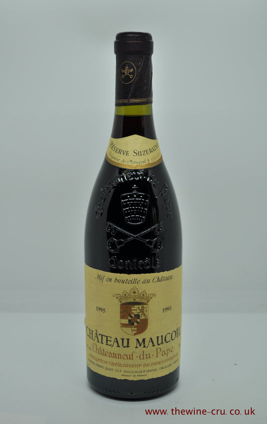 A bottle of 1995 vintage red wine from Chateau Maucoil Chateauneuf Du Pape reserve Suzeraine. Souther Rhone, France. The bottles are ingot condition with the wine level just below the cork. Immediate delivery. Free local delivery. Gift wrapping available.