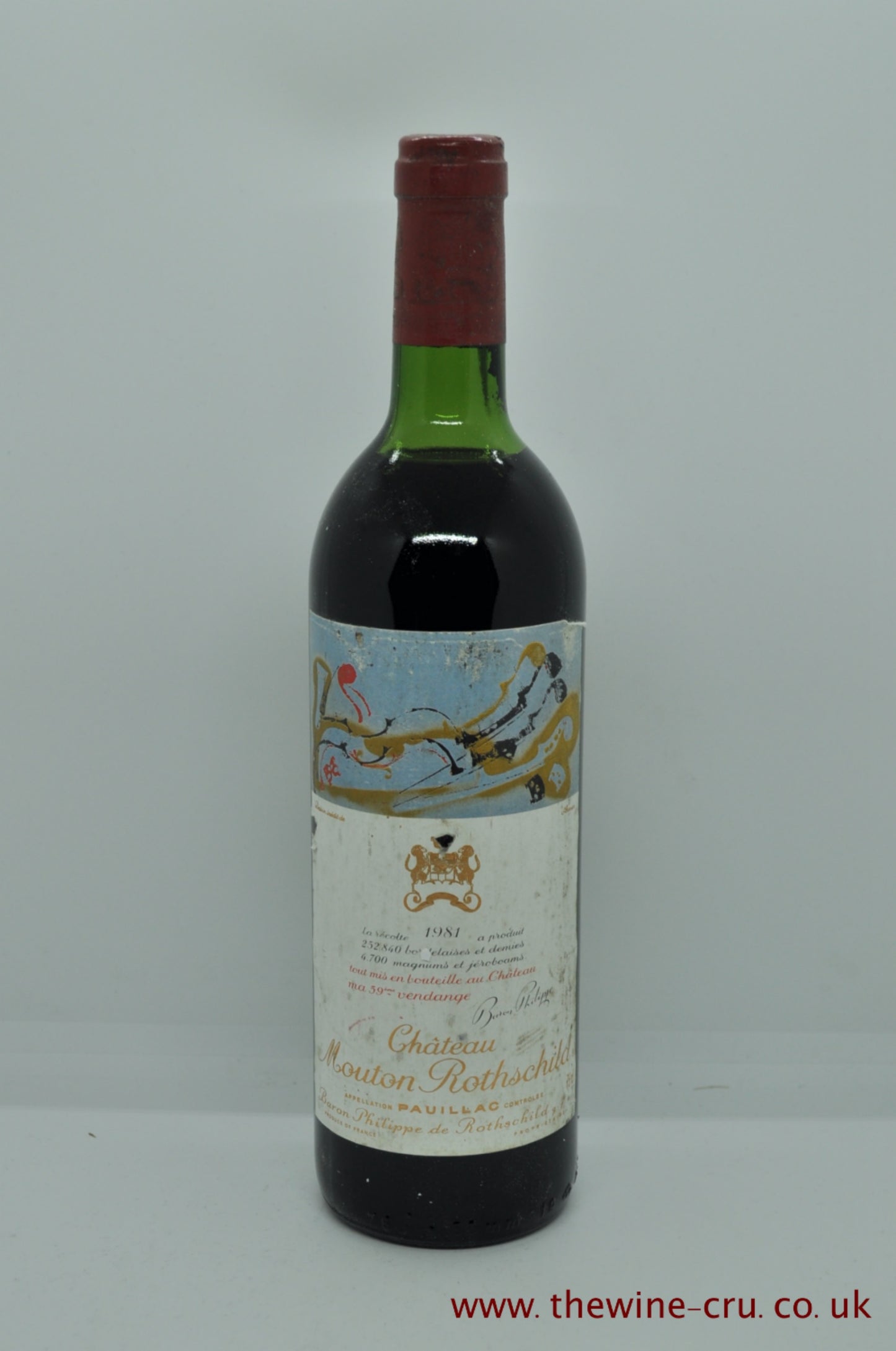 1981 vintage red wine. Chateau Mouton Rothschild 1981, France, Bordeaux. The bottle is in good condition with the level being top shoulder. Immediate delivery. Free local delivery. Gift wrapping available.