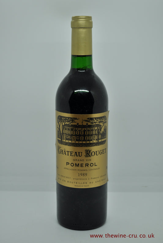 1989 vintage red wine from Chateau Rouget, France, Bordeaux, Pomerol. Capsule and label very good. Wine level base of neck. Immediate delivery. free local delivery. Gift wrapping available.
