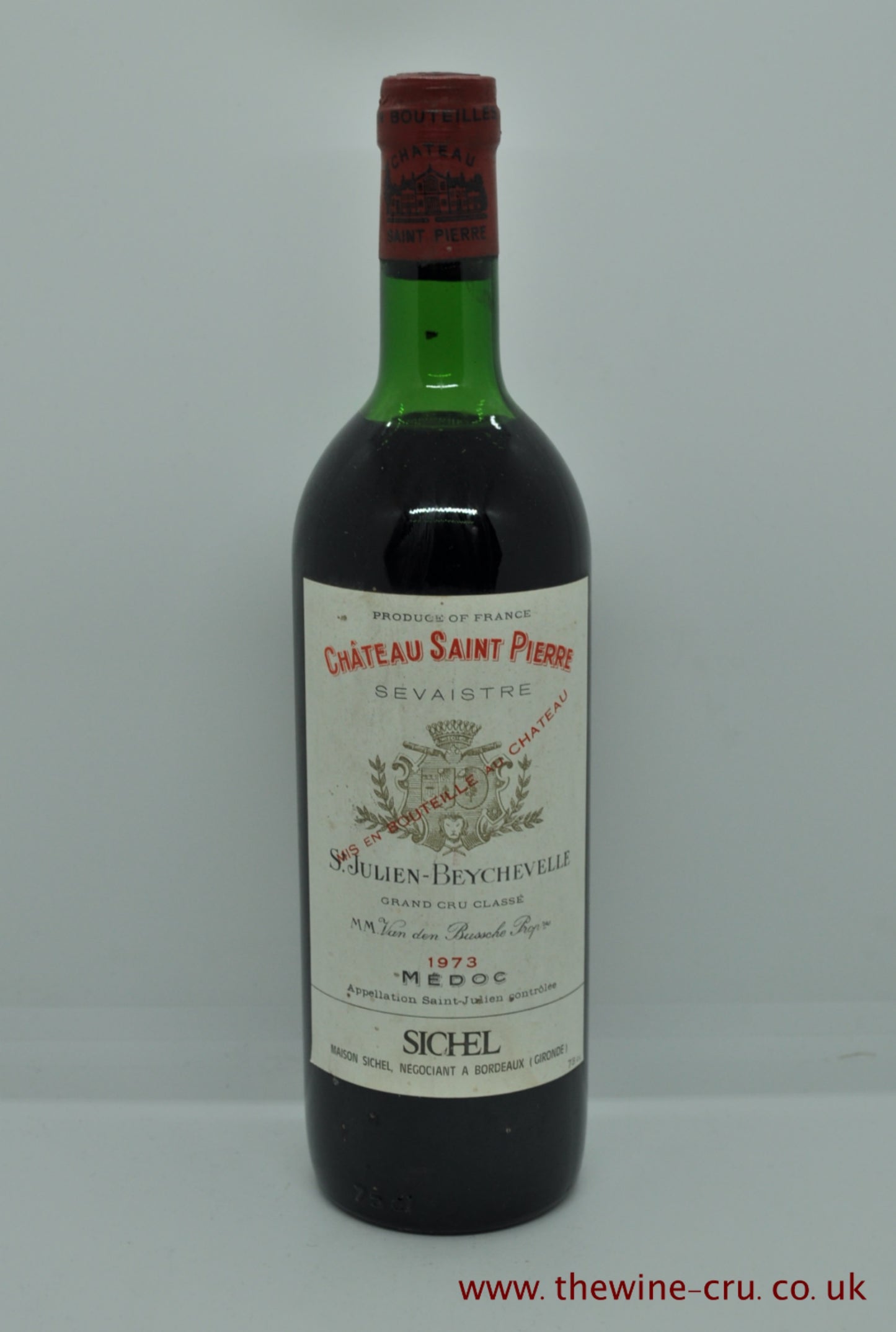 A bottle of 1973 vintage red wine from Chateau Saint Pierre Sevaistire Saint Julien, Bordeaux, France. The bottle is in good condition with the wine level at top shoulder. Immediate delivery. Free local delivery. Gift wrapping available.