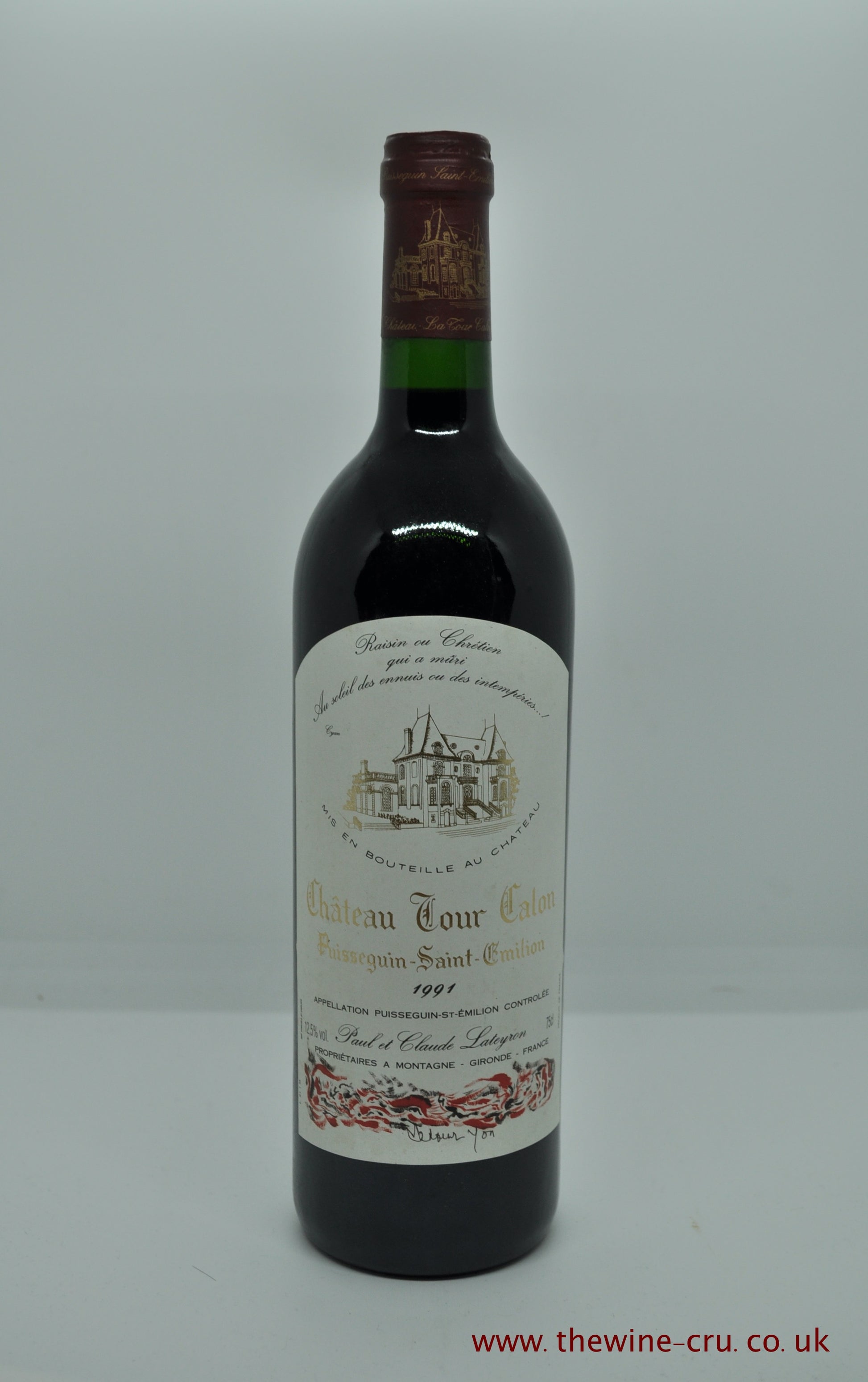 1991 vintage red wine. Chateau Tour Calon 1991 Puisseguin Saint Emilion, Bordeaux, France. The bottles are in good condition with the wine level being in neck. Immediate delivery. Free local delivery. Gift wrapping available.
