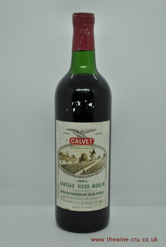 1964 vintage red wine. Chateau Vieux Moulin. France, Bordeuax. The bottle is in good condition with the wine level top shoulder. Immediate delivery. Free local delivery. Gift wrapping available.