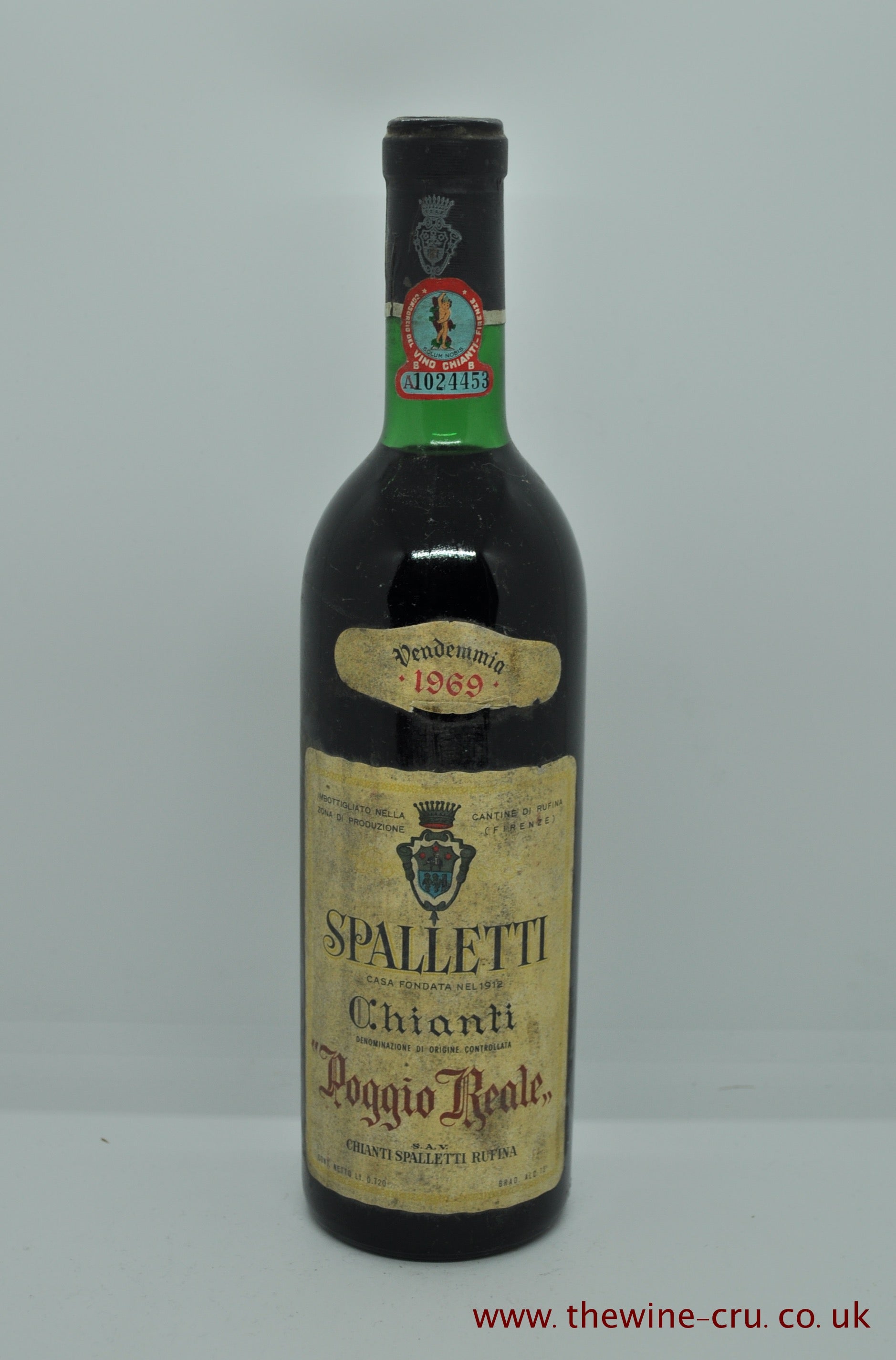 1969 vintage red wine. Chianti Poggio Reale Spalletti. Italy. The bottle is in good condition with the wine level very top shoulder. Immediate delivery. Free local delivery. Gift wrapping available.