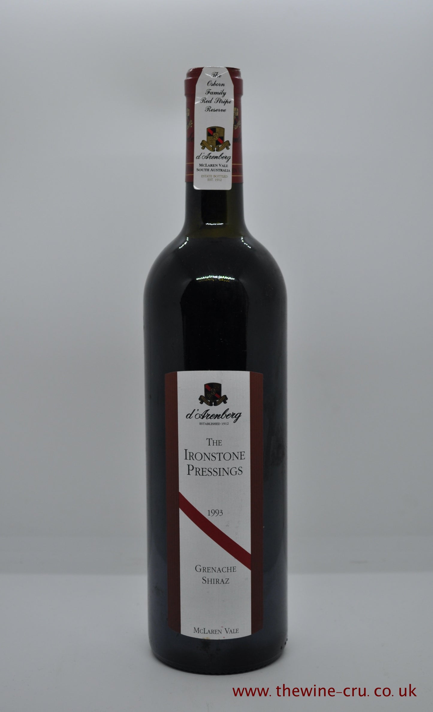 A bottle of 1993 vintage red wine. d'Arenberg Ironstone Pressings 1993. Australia. Immediate delivery. Free local delivery. Gift wrapping available.
