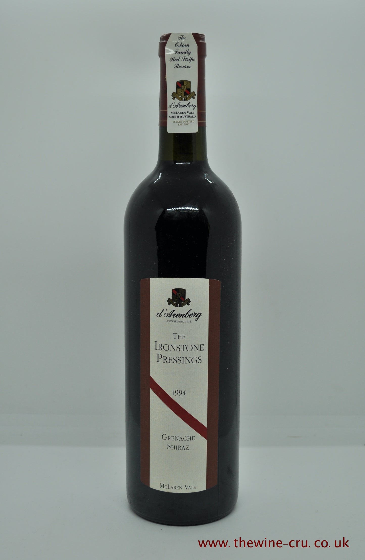 A bottle of 1994 vintage red wine. d'Arenberg Ironstone Pressings 1994. Australia. Immediate delivery. Free local delivery. Gift wrapping available.