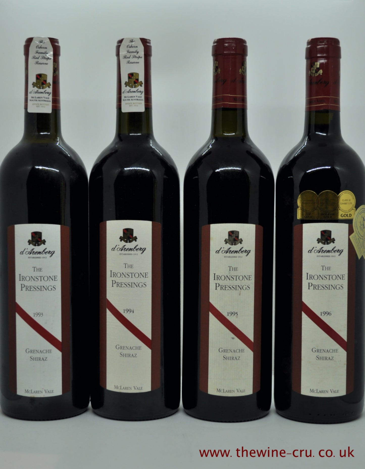 A four bottle vertical tasting of d'Arenberg The Ironstone Pressings vintage red wine. Vintages 1993 to 1996. Australia. Immediate delivery. Free local delivery. Gift wrapping available.