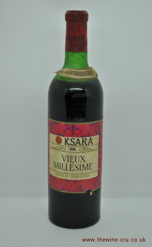 1968 vintage red wine. Ksara Vieux Millesime Lebanon. The label is a little scrappy and the level is mid shoulder. Immediate delivery. Free local delivery. Gift wrapping available.