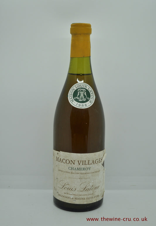 1986 vintage white wine. Macon Villages Chameroy Louis Latour 1986 Burgundy France. The labels are a little scrappy and the level is 3cm below base of cork. Immediate delivery. Free local delivery. Gift wrapping available.