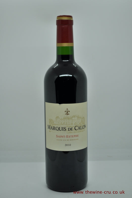 A bottle of Marquis De Calon 2010 the second wine of Chateau Calon Segur.  A wonderful vintage for Bordeaux. The bottle is in excellent condition. Immediate delivery. Free local delivery. Gift wrapping available.