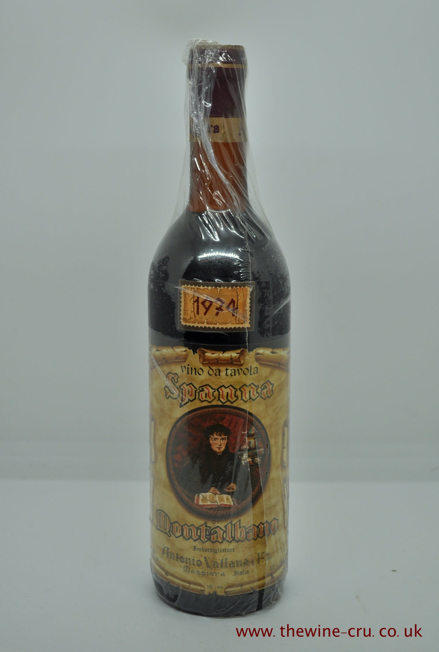 A bottle of 1974 vintage red wine. Montalbano Spanna from Antonio Vallana e Figilo in Piedmont, Italy. The bottle is in good condition with the wine level at base of the neck. Immediate delivery. Free local delivery. Gift wrapping available.