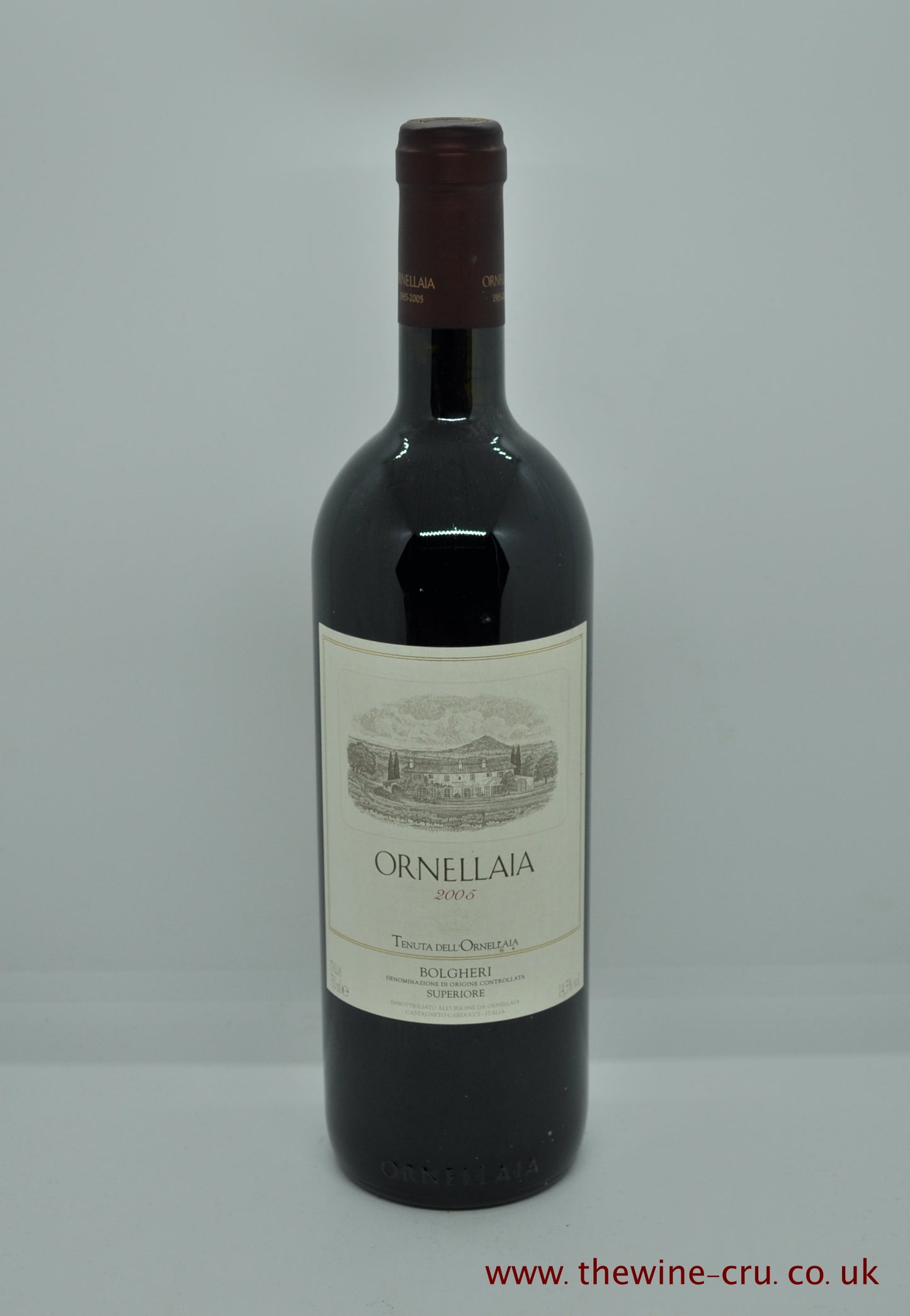 A bottle of 2005 vintage red wine from Ornellaia, Italy. The bottle is in good condition. Immediate delivery. Free local delivery. Gift wrapping available.